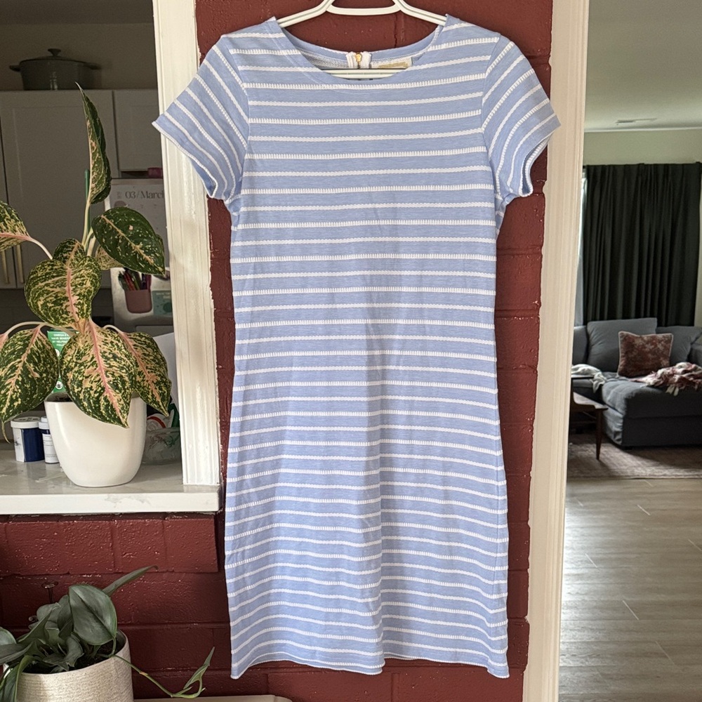 Sail to Sable Light Blue & White Striped Short-Sleeve Knee Length T-Shirt Dress